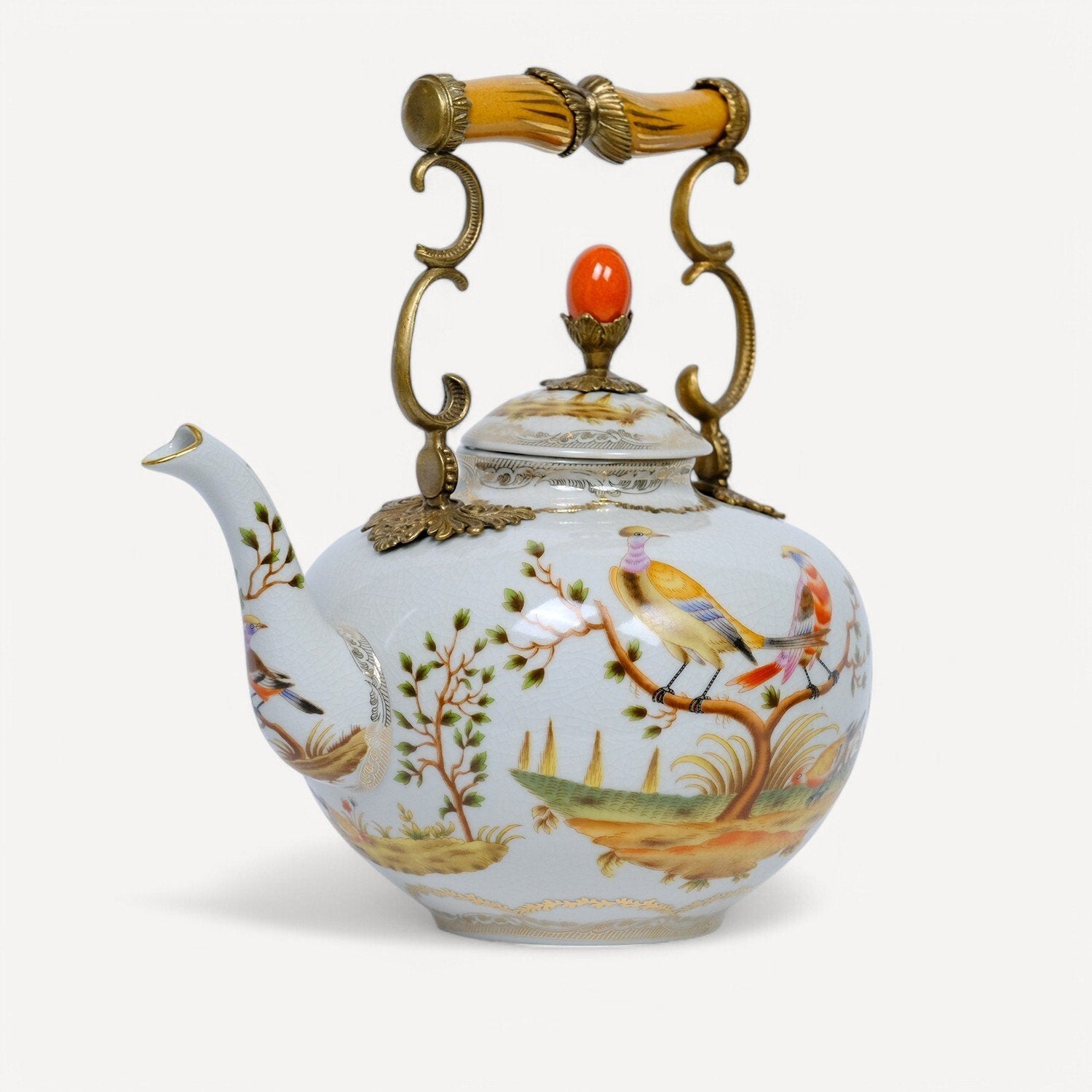 Kuş Desenli Vintage Porselen Demlik