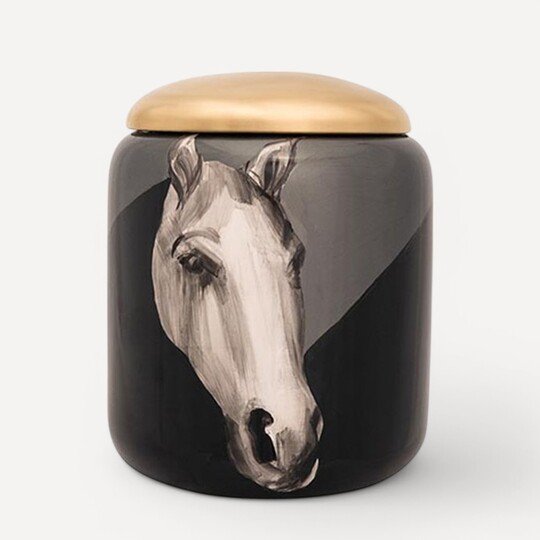 Siyah Beyaz At Desenli Kapaklı Büyük Vazo